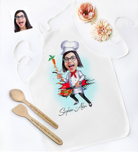 BK Gift Kişiye Özel Bayan Chef Karikatürlü Mutfak Önlüğü Ahşap Kaşık Spatula Seti - 2