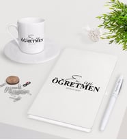 BK Gift Kişiye Özel En İyi Öğretmen Beyaz Defter Kalem Türk Kahvesi Fincanı Seti-16 (Model 1)