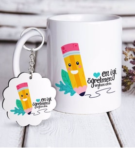 BK Gift Kişiye Özel En İyi Öğretmen Beyaz Kupa ve Anahtarlık Hediye Seti-10 (Model 1)