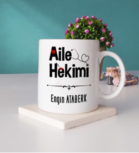 Aile Hekimi Tasarımlı Hediye Aile Hekimi Kupa Bardak ve Taş Bardak Altlığı Hediye Seti