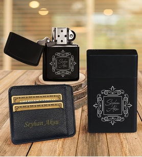 BK Gift Kişiye Özel İsimli Kartlık Siyah Metal Sigara Tabakası Benzinli Çakmak Seti - 1