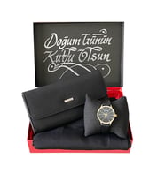 Kadın Kol Saati Siyah Şal Cüzdan Özel Hediye Seti (Bordo)