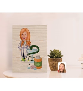 BK Gift Kişiye Özel Kadın Eczacı Karikatürlü Otantik Masaüstü Ahşap Palet Çerçeve-2 (Beyaz)