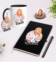 BK Gift Kişiye Özel Kadın Aşçı Karikatürlü Siyah Defter Kalem Kupa ve Anahtarlık Hediye Seti-3 (Model 1)