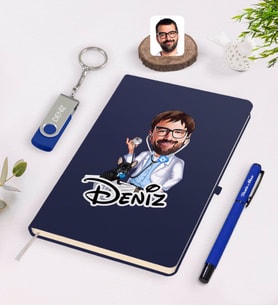BK Gift Kişiye Özel Erkek Veteriner Hekim Karikatürlü Lacivert Defter Kalem 32gb USB Bellek Hediye Seti-2 (Model 1)