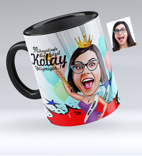 BK Gift Kişiye Özel Bayan Güzellik Kraliçesi Karikatürlü Siyah Kupa Bardak  1
