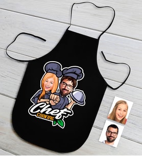 BK Gift Kişiye Özel Bay ve Bayan Chef Karikatürlü Siyah Mutfak Önlüğü