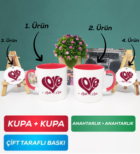 İkili Kırmızı Love Tasarımlı Sevgililer Günü Hediyesi Kupa Bardak Anahtarlık