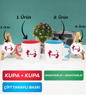 İkili Kırmızı Mavi İsme Özel Sevgililer Günü Hediyesi Kupa Bardak Anahtarlık