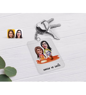 BK Gift Kişiye Özel Anne Kız Karikatürlü Şeffaf Pleksi Anahtarlık-2 (Beyaz)