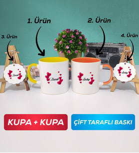 İkili Sarı Turuncu İsme Özel Sevgililer Günü Hediyesi Kupa Bardak Anahtarlık