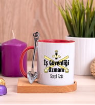 İş Güvenliği Uzmanı Ahşap Altlıklı Kırmızı Kupa Bardak