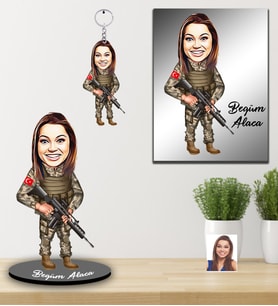 Kişiye Özel Asker Karikatürlü 3 lü Hediye Seti Bayan-1