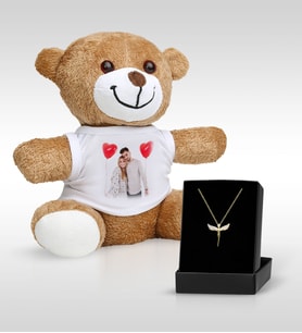 BK Gift Kişiye Özel Fotoğraflı Peluş Ayıcık ve Zirkon Taşlı Gold Melek Kolye Hediye Seti (Model 1)