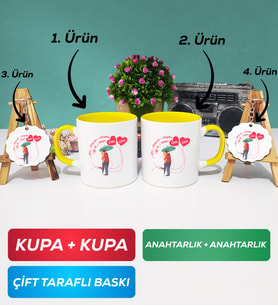 İkili Sarı Sevgiliye Sevgililer Günü Hediyesi 3 Kupa Bardak Anahtarlık