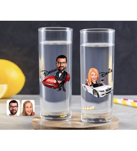 BK Gift Kişiye Özel Renkli Baskılı Erkek ve Kadın Karikatürlü İkili Vodka Bardağı-2 (Beyaz)
