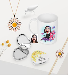 Kadınlara Özel Karikatürlü Kupa Çiçekli Ayna Papatya Kolye Bileklik Seti - 2 (Model 1)