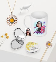 Kadınlara Özel Karikatürlü Kupa Çiçekli Ayna Papatya Kolye Bileklik Seti - 2 (Model 1)