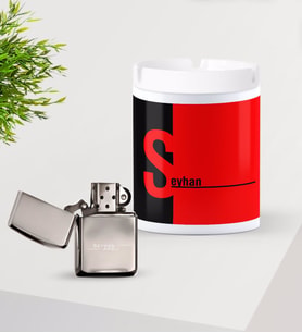 BK Gift Kişiye Özel İsimli Silver Benzinli Metal Çakmak ve Seramik Kül Tablası Seti-14 (Model 1)