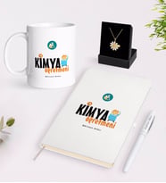 BK Gift Kişiye Özel Kimya Öğretmeni Beyaz Kupa Defter Kalem ve İsimli Papatya Kolye Hediye Seti-1 (Model 1)