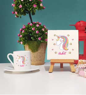 Unicorn Tasarımlı Kişiye Özel Hediye Unicorn Türk Kahvesi Fincanı ve Dekoratif Taş Baskı Seti