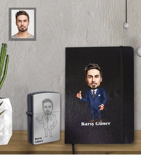 Kişiye Özel Öğretmen Karikatürlü Siyah Defter Çakmak Hediye Seti Bay-11 (Model 1)