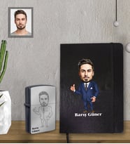 Kişiye Özel Öğretmen Karikatürlü Siyah Defter Çakmak Hediye Seti Bay-11 (Model 1)