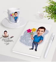 BK Gift Kişiye Özel Erkek Karikatürlü Beyaz Defter Kalem Türk Kahvesi Fincanı Seti-1 (Model 1)