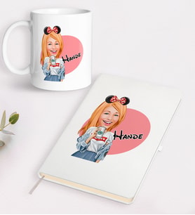 BK Gift Kişiye Özel Kadın Moda Mini Fare Karikatürlü Beyaz Defter ve Kupa Hediye Seti-1 (Model 1)