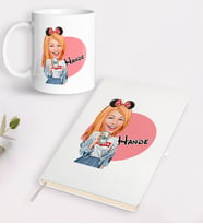 BK Gift Kişiye Özel Kadın Moda Mini Fare Karikatürlü Beyaz Defter ve Kupa Hediye Seti-1 (Model 1)