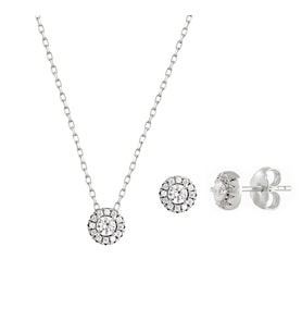 Afrodit Silver Yuvarlak Taşlı Kolye Küpe Gümüş Set