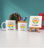 Öğretmenler Günü Hediyesi Kupa Bardak Kalemlik ve Dekoratif Taş Baskı Seti