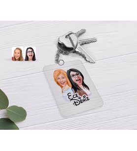 BK Gift Kişiye Özel Kız Kardeşler Karikatürlü Şeffaf Pleksi Anahtarlık-11 (Beyaz)