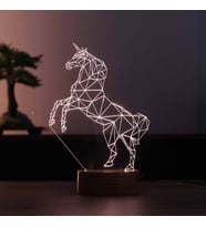 Unicorn At Figürlü Dekoratif Hediye Led Masa Lambası 7 Işık Rengi Ahşap Taban