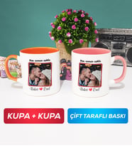 İkili Sevgiliye Sevgililer Günü Hediyesi 9 Kupa Bardak Turuncu Pembe