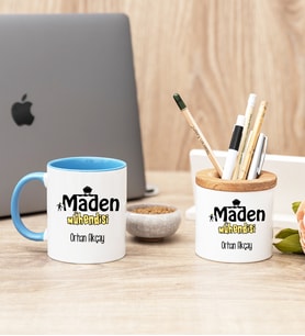 Maden Mühendisi Mavi Kupa Bardak Ve Kalemlik Hediye Seti