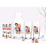 BK Gift Kişiye Özel Renkli Baskılı Sevgililer Karikatürlü İkili Rakı Bardağı Karaf ve Cep Kitabı Hediye Seti-51 (Model 1)