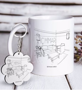 BK Gift Kişiye Özel Mesleki İç Mimar Beyaz Kupa ve Anahtarlık Hediye Seti-5 (Model 1)