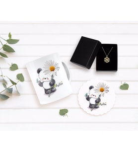 BK Gift Kişiye Özel Papatya Temalı Kupa Bardak Altlığı ve Kar Tanesi Kolye Seti-9 (Model 1)