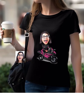 BK Gift Kişiye Özel Bayan Motorcu Karikatürlü Siyah T-Shirt