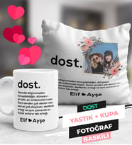 Arkadaşa Hediye Fotoğraf Baskılı Dost Kupa Bardak ve Yastık Seti