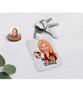 BK Gift Kişiye Özel Kadın Emlakçı Karikatürlü Şeffaf Pleksi Anahtarlık-2 (Beyaz)