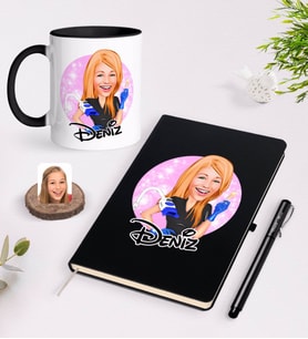 BK Gift Kişiye Özel Kadın Güzellik Uzmanı Karikatürlü Siyah Defter Kalem ve Kupa Seti-2 (Model 1)