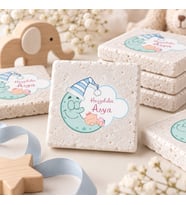 30 Adet Kişiye Özel Baskılı Doğal Taş Magnet 5x5cm Doğum Günü, Hoşgeldin Bebek (Beyaz)