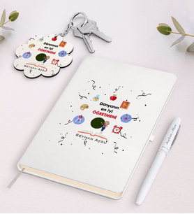 BK Gift Kişiye Özel Dünyanın En İyi Öğretmeni Beyaz Defter Kalem Ve Anahtarlık Hediye Seti-24 (Model 1)