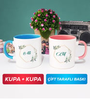 İkili Çiçek Tasarımlı İsme Özel Kupa Bardak Mavi Pembe