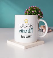 Uçak Mühendisi Tasarımlı Kişiye Özel Hediye Uçak Mühendisi Kupa Bardak ve Taş Bardak Altlığı Seti