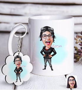 BK Gift Kişiye Özel Bayan Pilot Karikatürlü Beyaz Kupa ve Anahtarlık Hediye Seti (Model 1)