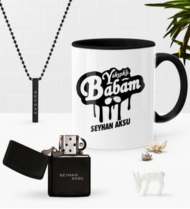 BK Gift Kişiye Özel Yakışıklı Babam Siyah Kupa Benzinli Çakmak Kolye Seti-2 (Model 1)