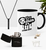 BK Gift Kişiye Özel Yakışıklı Babam Siyah Kupa Benzinli Çakmak Kolye Seti-2 (Model 1)